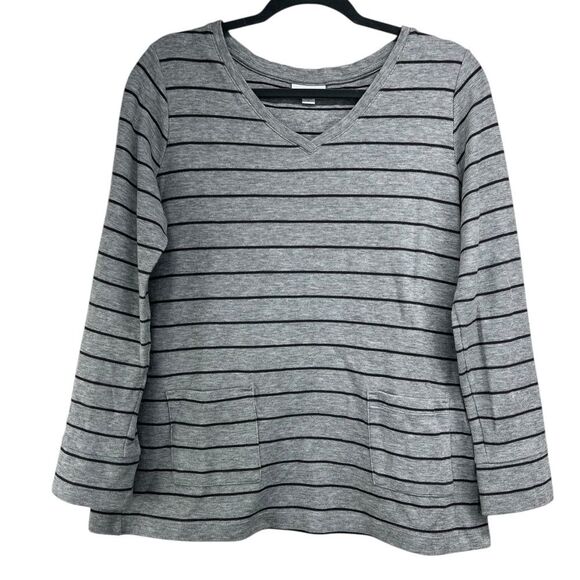 J. Jill Tops - J.Jill Striped Waffle Thermal Long Sleeve Gray Shirt Patch Pocket Womens Medium